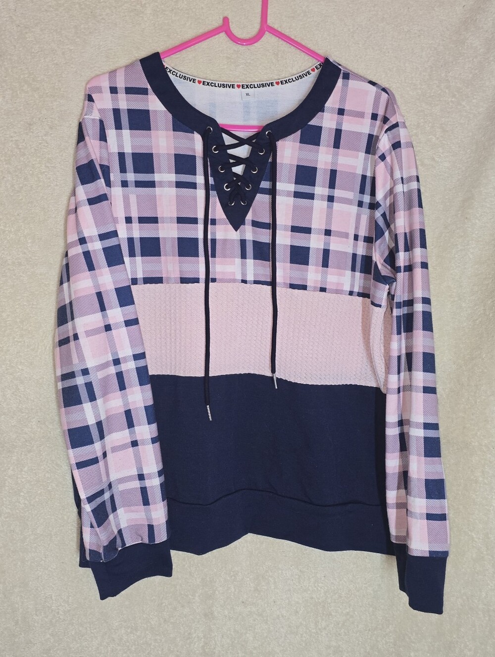 Exclusive Top Pink and Navy Plaid Lace-Up Neckline Size XL